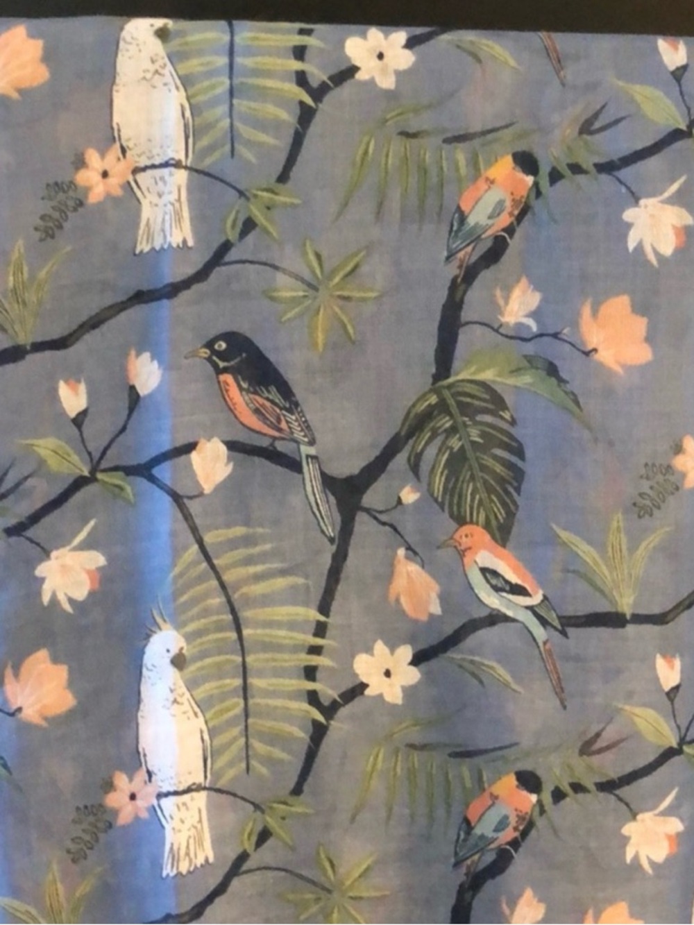 Beautiful  blue birds, floral patterns scarf,  wrap  72” long x to 39” W.